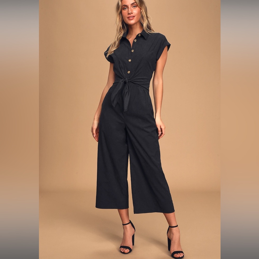 NWT LULUS Jump For Joy Black Tie-Front Culotte Coverall Jumpsuit